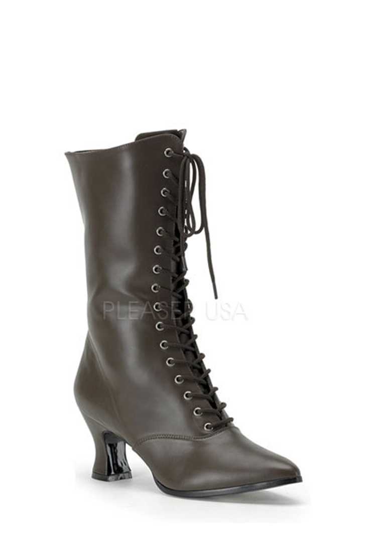 Brown Lace Up Mid Calf Victorian Boots Faux Leather