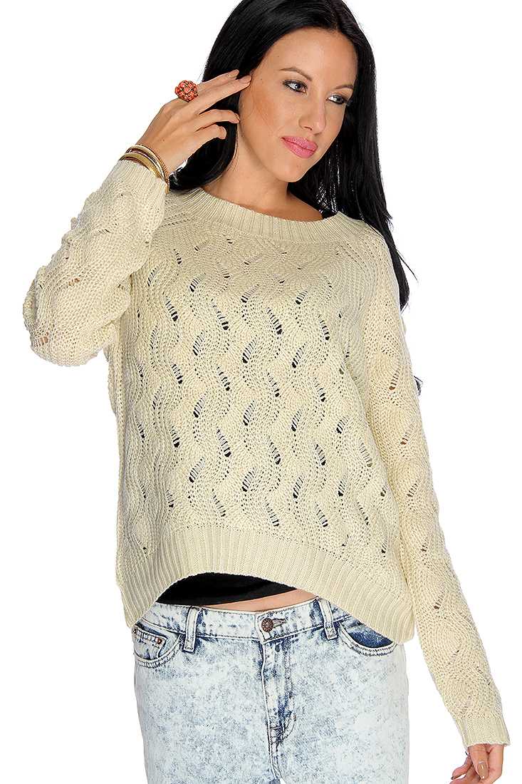 Cream Long Sleeve Open Knit High Low Casual Sweater