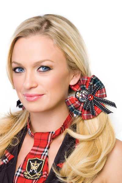 PLAID SCHOOL GIRL HAIR BOWS WITH CREST APPLIQUE