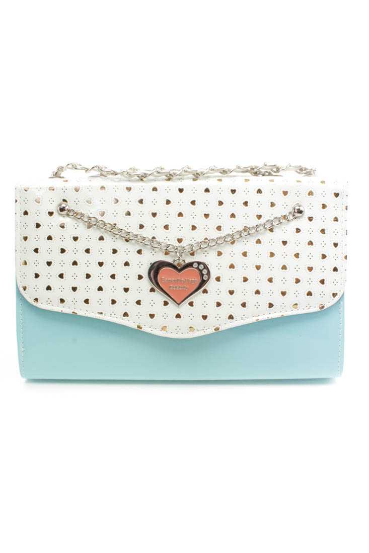 Sky Blue Metallic Heart Print Faux Leather Handbag