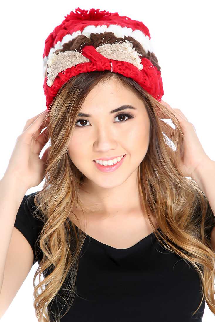 Red Knitted Colorblock Beaded Pom-Pom Beanie