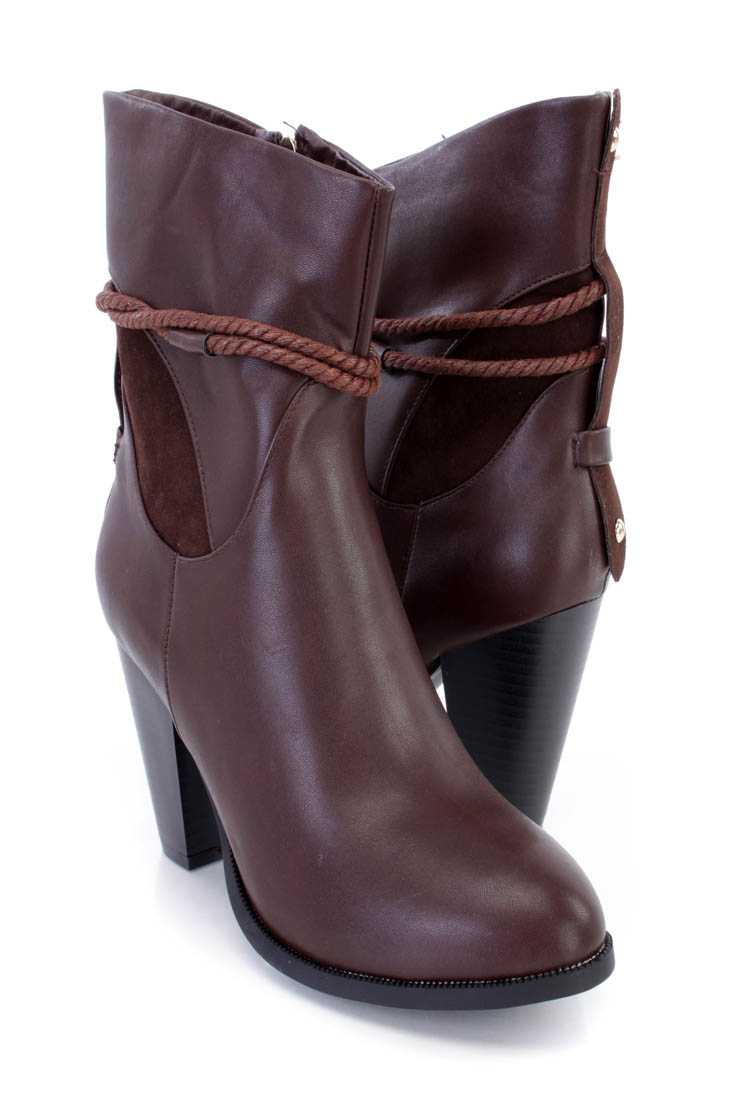 Brown Rope Strappy Chunky Heel Booties Faux Leather