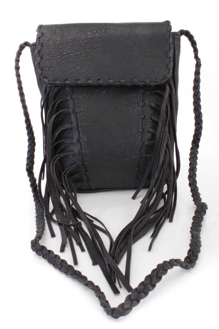 Black Fringe Accent Faux Leather Messenger Handbag