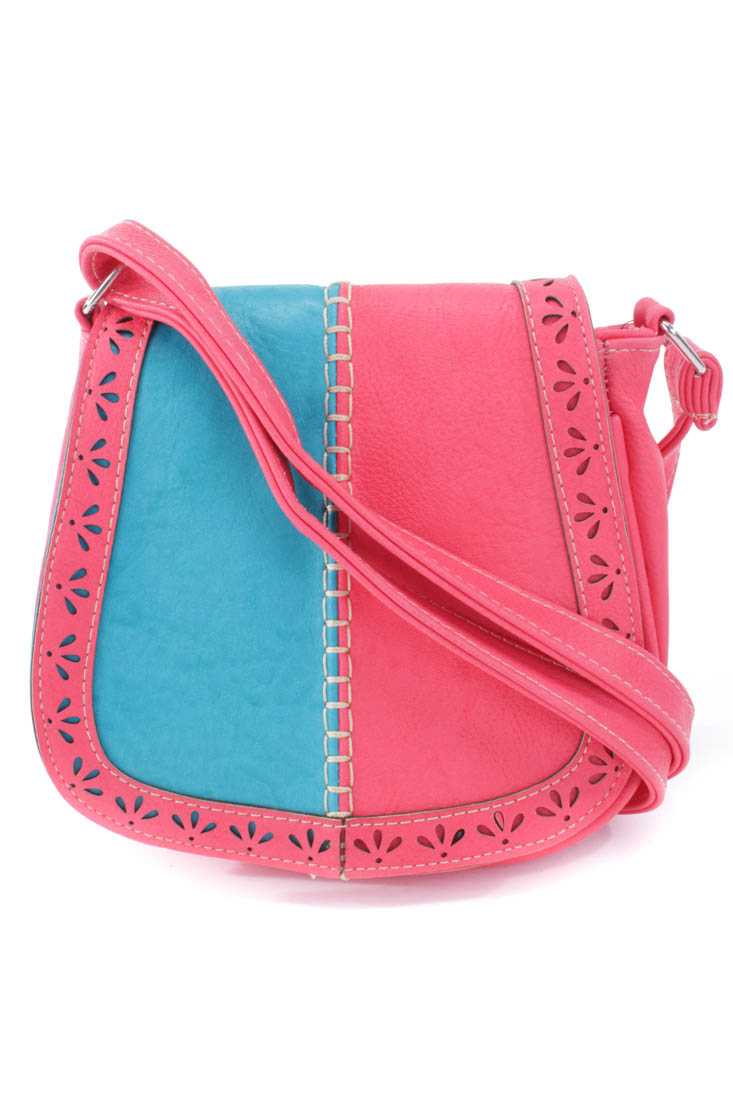 Aqua Coral Faux Leather Two Tone Shoulder Handbag