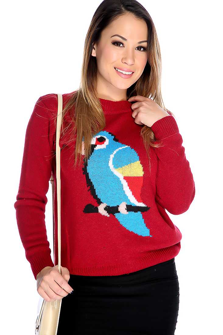 Wine Knitted Parrot Long Sleeve Sweater Top