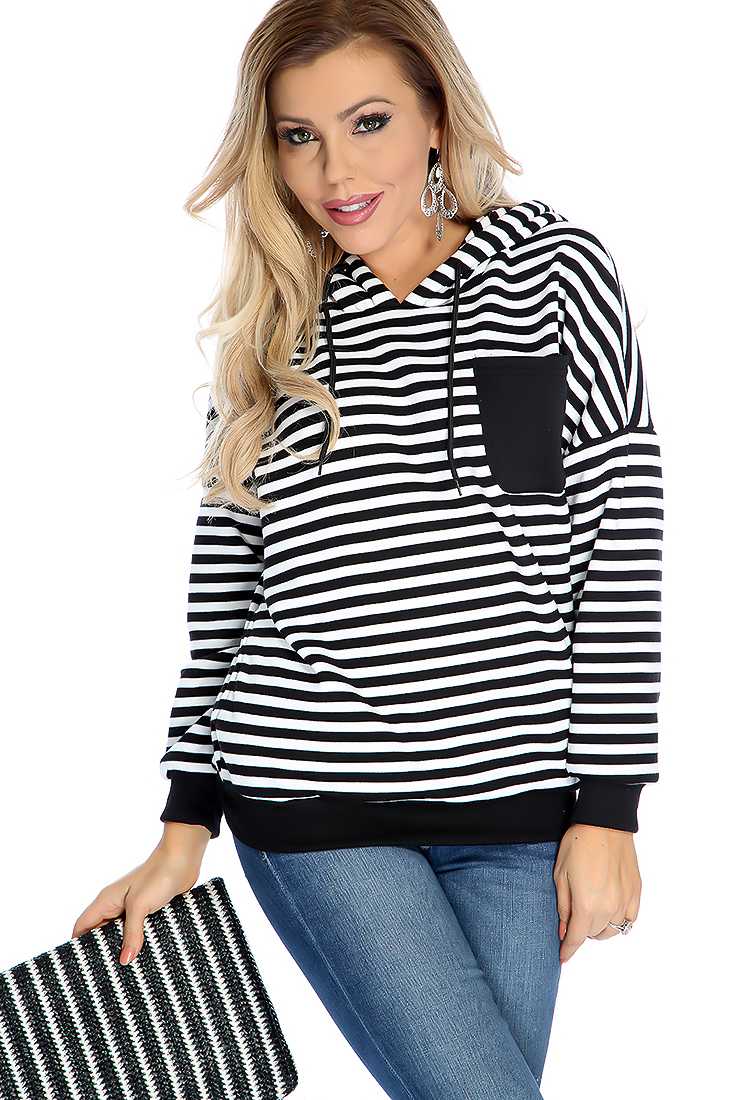 Casual Black White Stripe Print Hooded Sweater