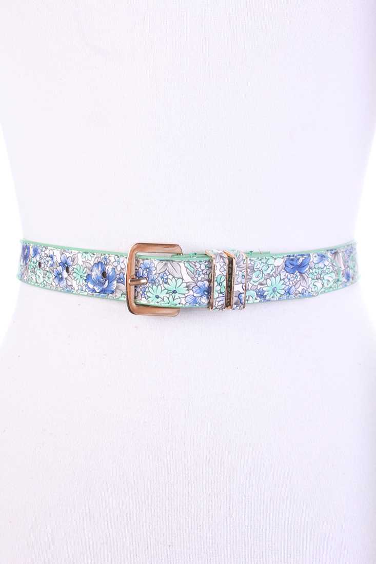 Mint Detailed Floral Design Print Faux Leather Belt