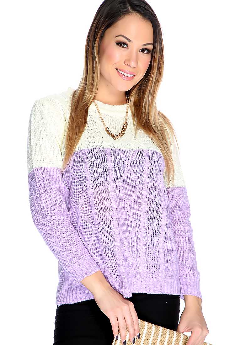 Lavender White Long Sleeves Two Tone Open Knitted Sweater