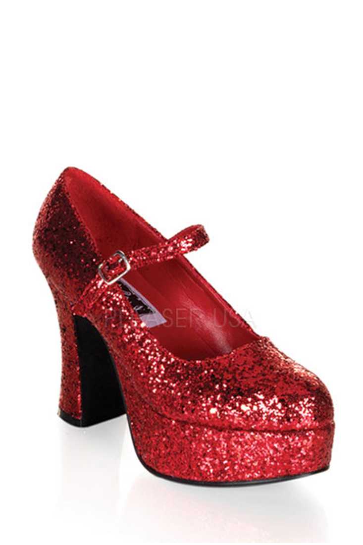 Red Maryjane Chunky Platform High Heels Glitter
