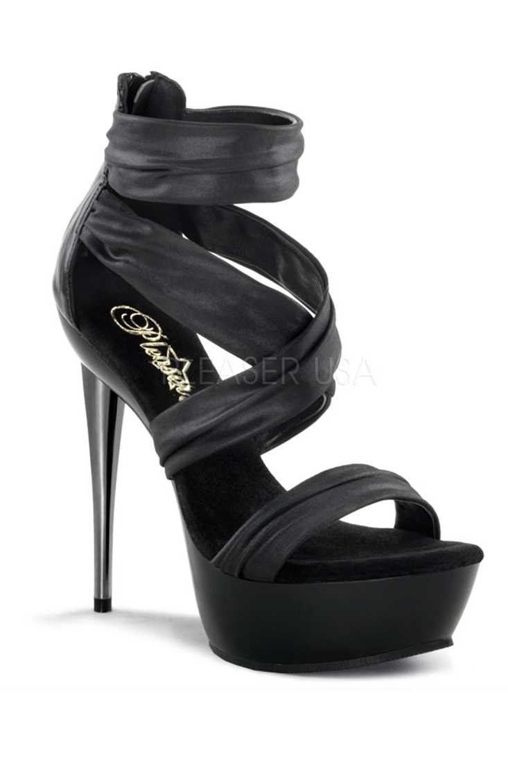 Black Ruched Criss Cross Strap Platform High Heels Faux Leather