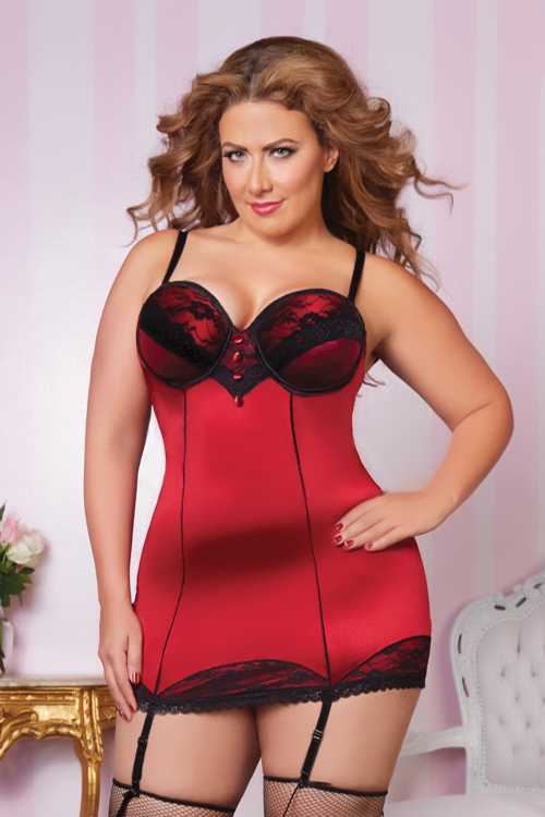 Red Stretch Lace Satin Chemise Lingerie Set Plus Size