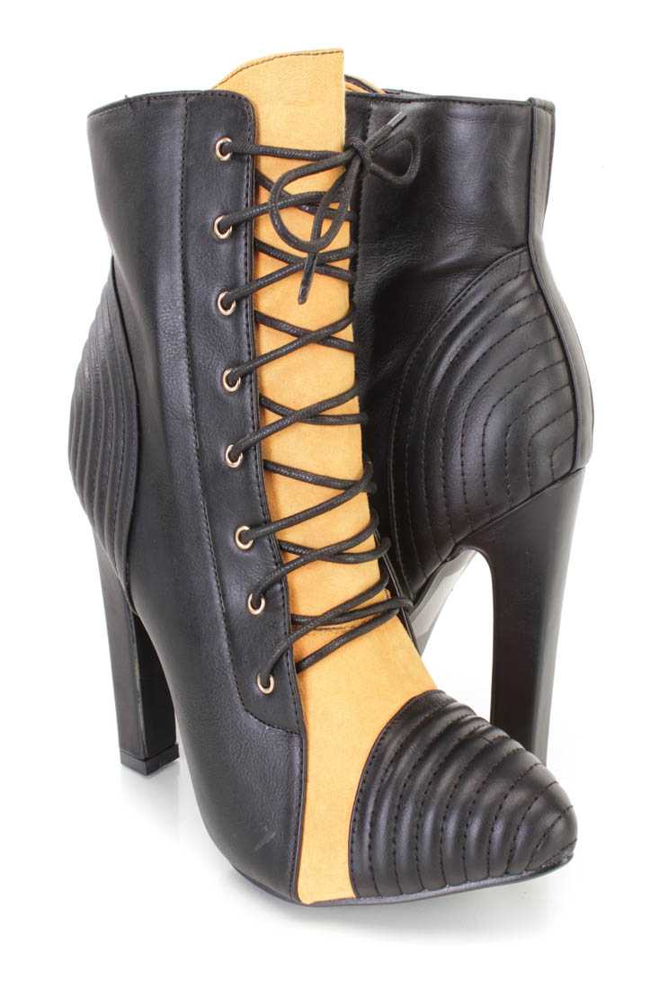 Yellow Lace Up Pointed Toe Ankle Booties Faux Leather