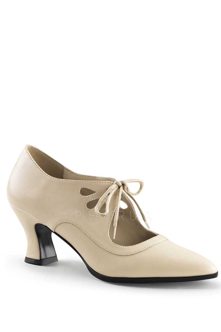Cream Lace Tie Pointed Toe Booties Faux Leather