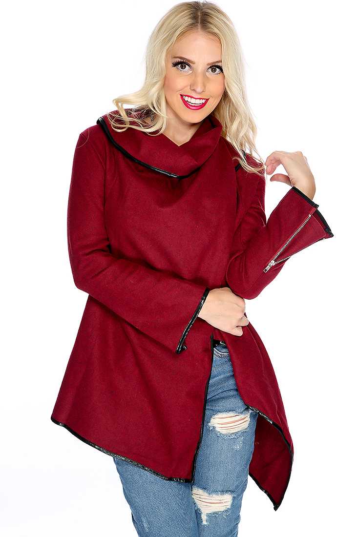 Wine Asymmetrical Hem Long Sleeves Outerwear