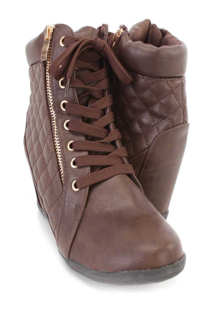 Brown Lace Up Quilted Sneaker Wedges Faux Leather