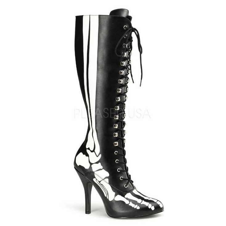 Black Faux Leather Skeleton Lace Up Boots