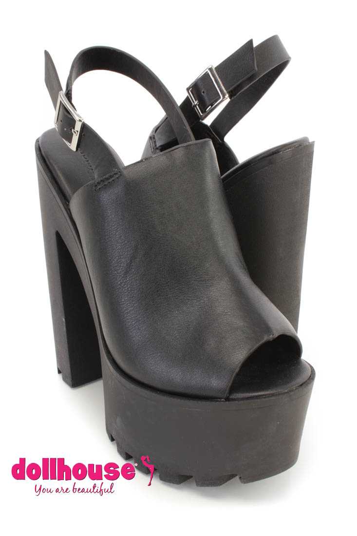 Black Platform Chunky 6 Inch High Heels Faux Leather