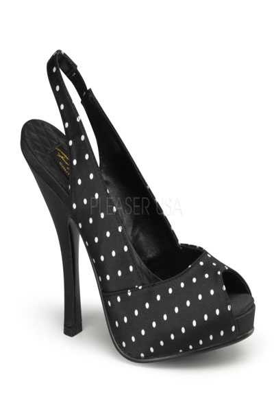 Black Satin Polka Dot Print Peep Toe Slingback High Heels