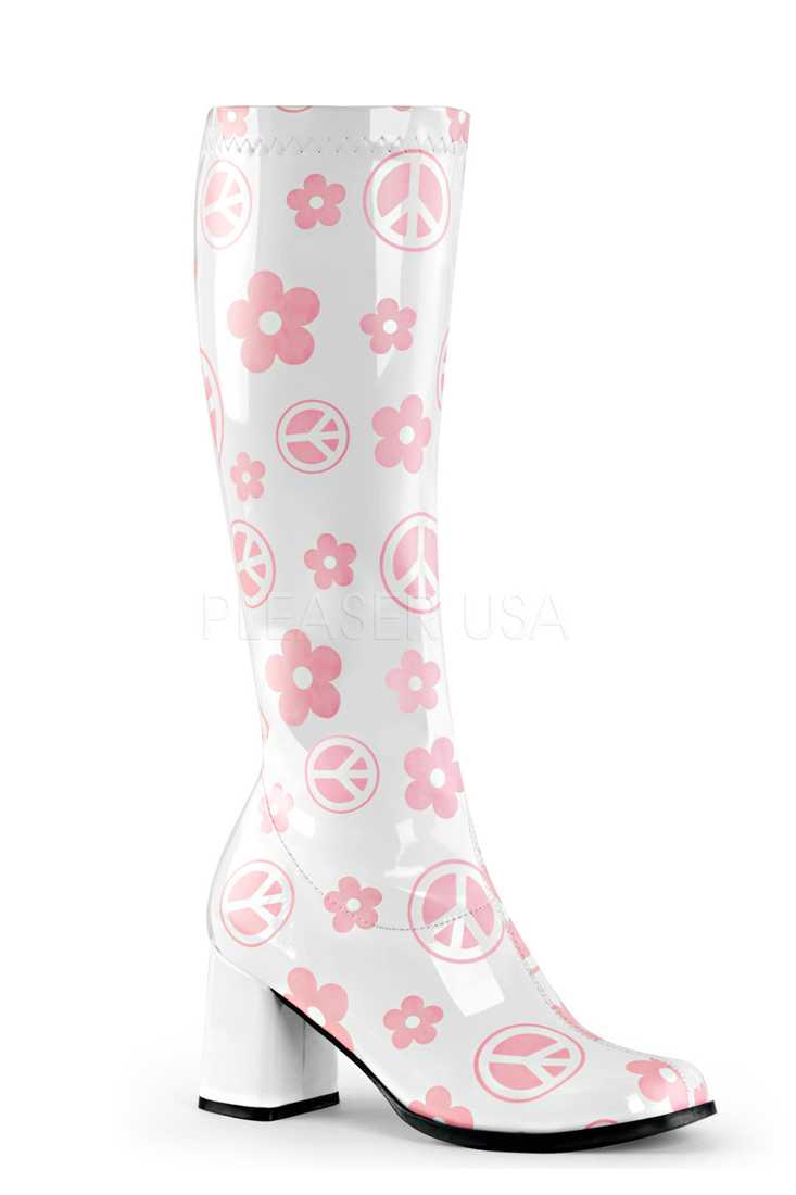 White Floral Print Block Heel Boots Patent