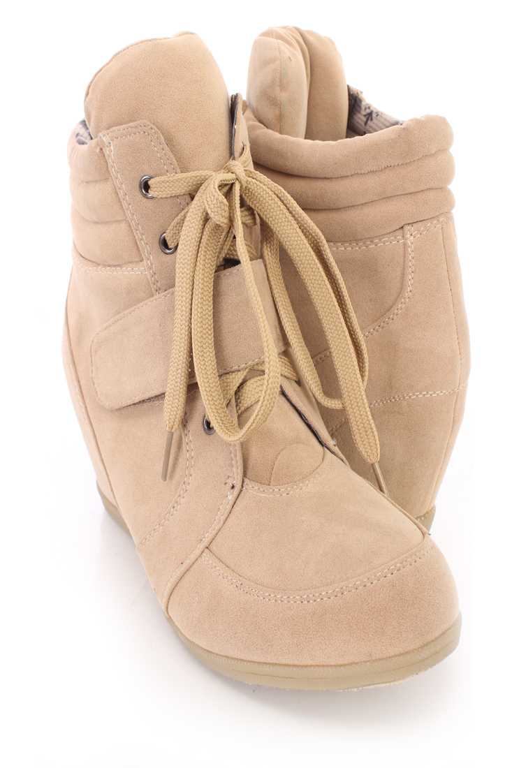 Beige Lace Up Mid Strap Sneaker Wedges Faux Suede