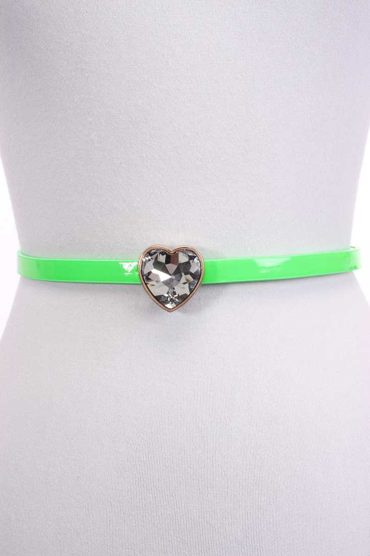 Lime Patent Faux Leather Slender Rhinestone Heart Buckle Belt