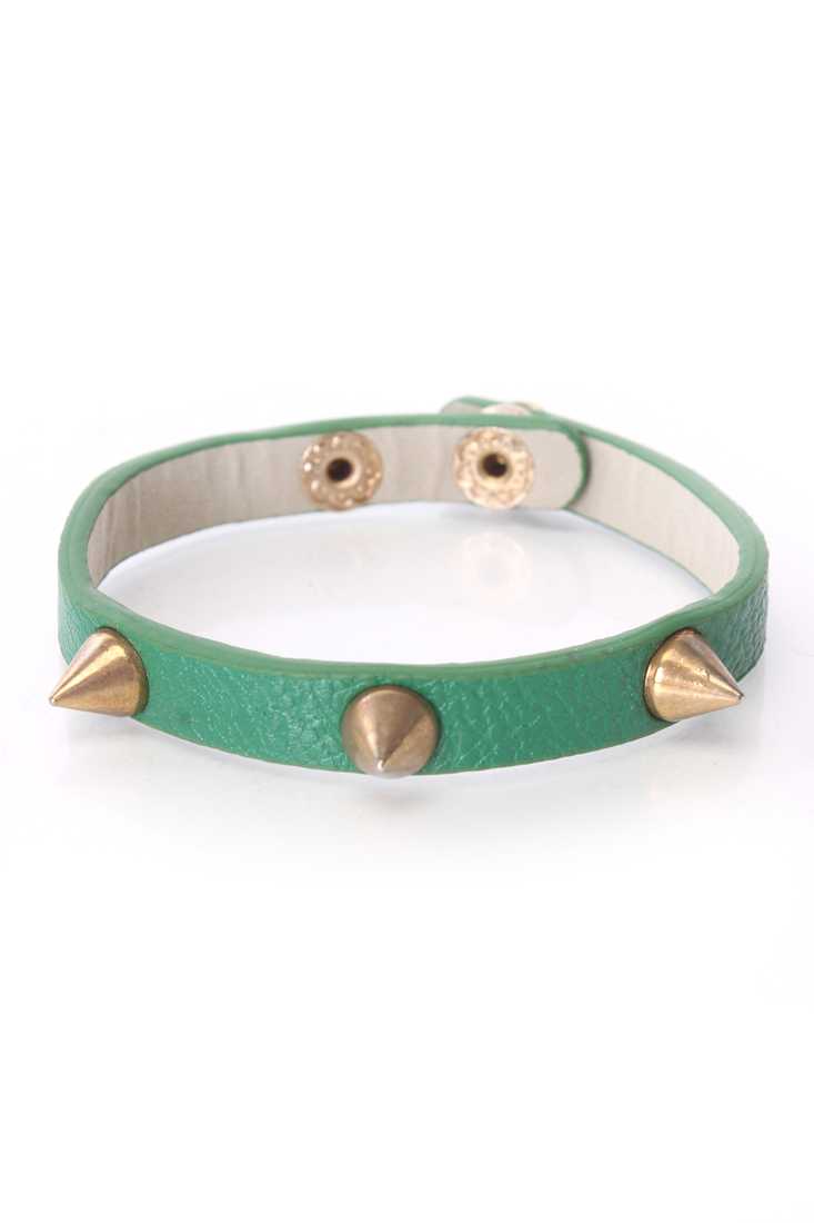 Green Faux Leather High Polish Studded Spike Bracelet