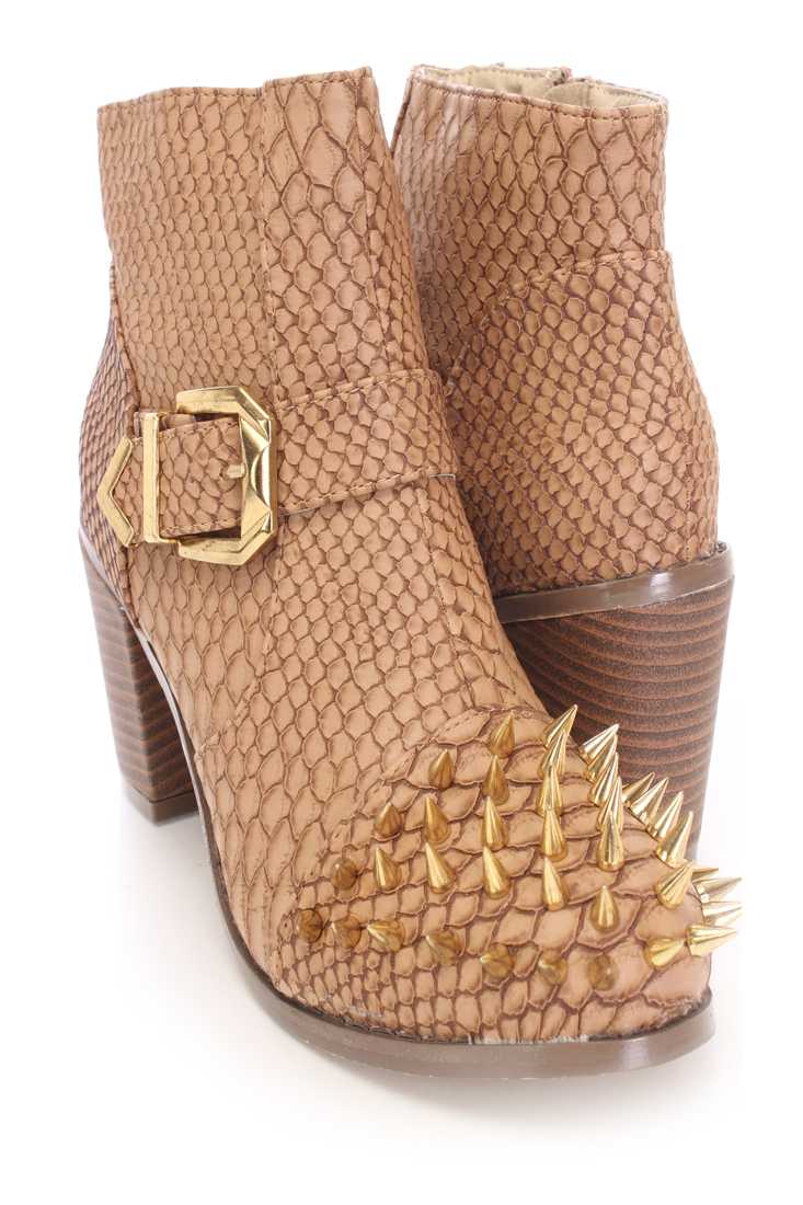 Brown Spike Studed Ankle Booties Faux Croc
