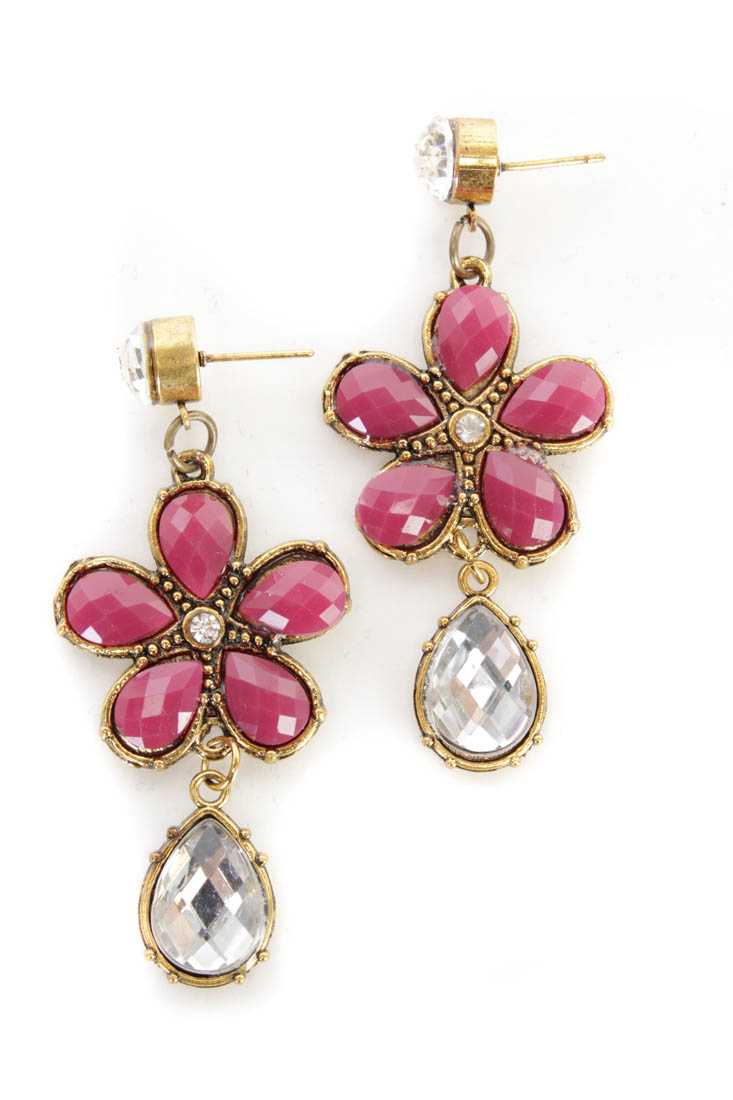 Magenta Gold Faceted Beaded High Polish Metal Floral Earrings