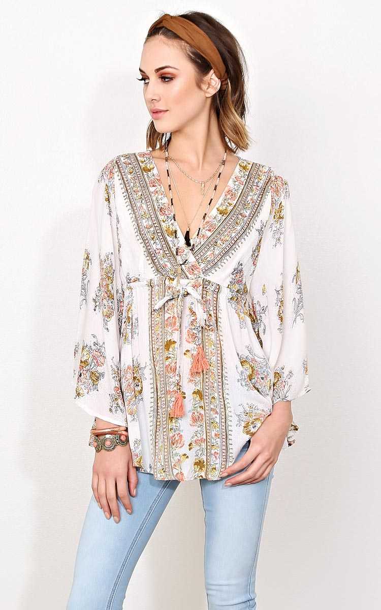 ANGIE Spring Forward Woven Top - SML - Ivry/Natrl in Size Small by Styles For Less