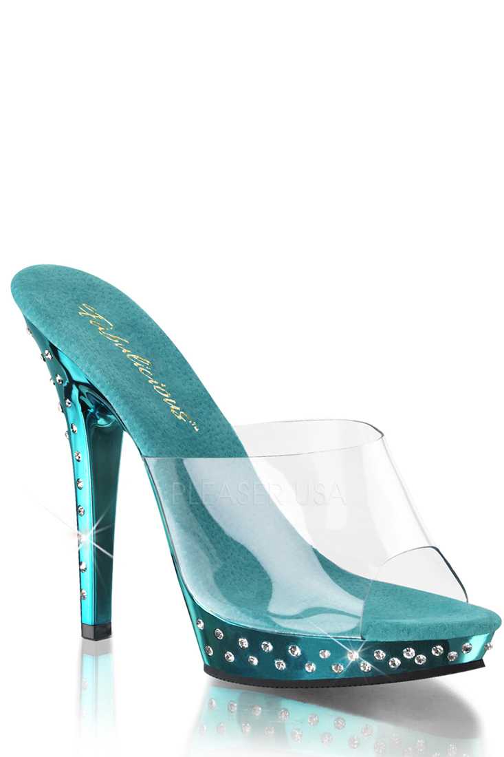 Clear Turquoise Chrome Rhinestone Peep Toe High Heels PVC