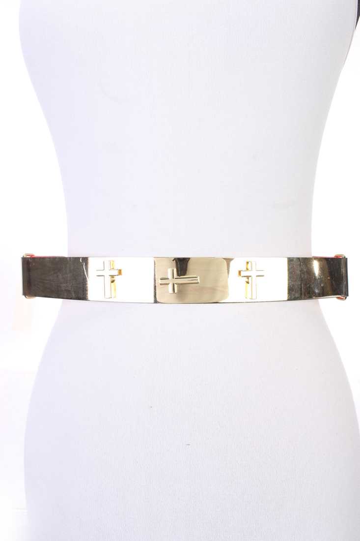 Neon Coral Faux Leather High Polish Gold Cross Accent Belt