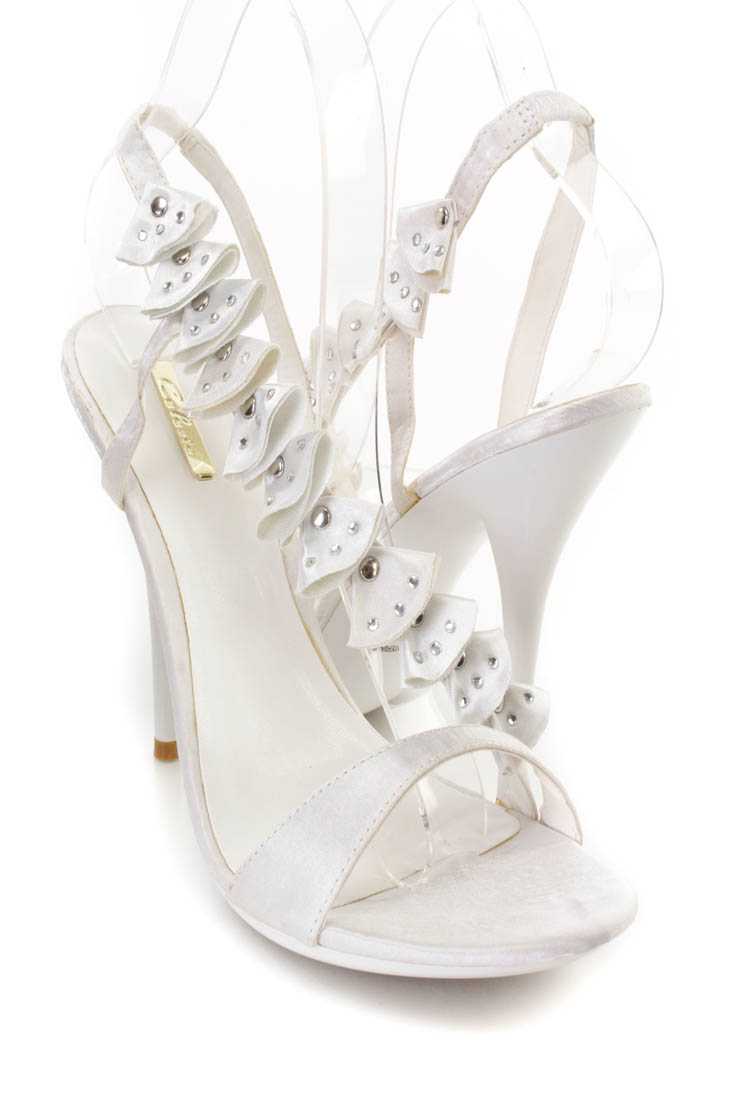 White Rhinestone Ruffled Cross Strap Open Toe Heels Satin