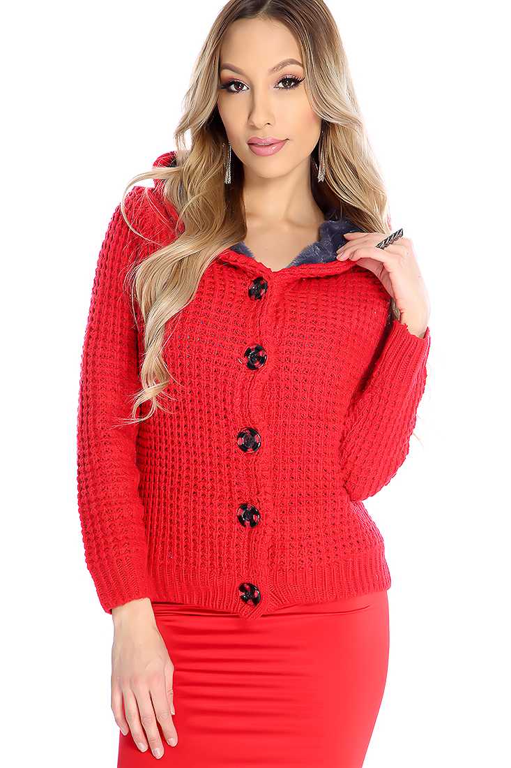 Red Knitted Button Up Hooded Plush Sweater