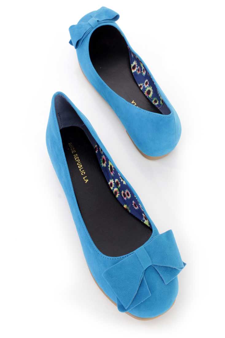 Turquoise Bow Tie Accent Ballet Flats Faux Suede