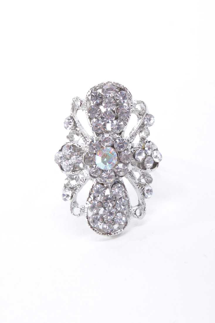 Silver High Polish Metal Rhinestone Intricate Ring