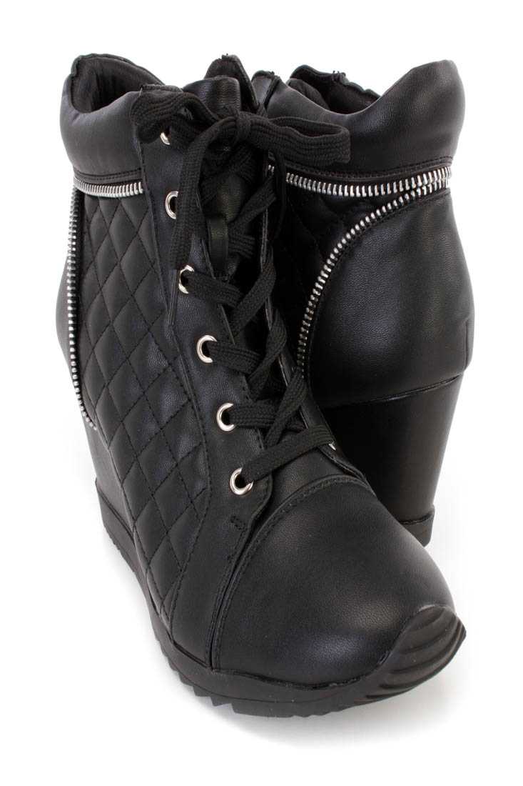 Black Quilted Lace Up Sneaker Wedges Faux Leather