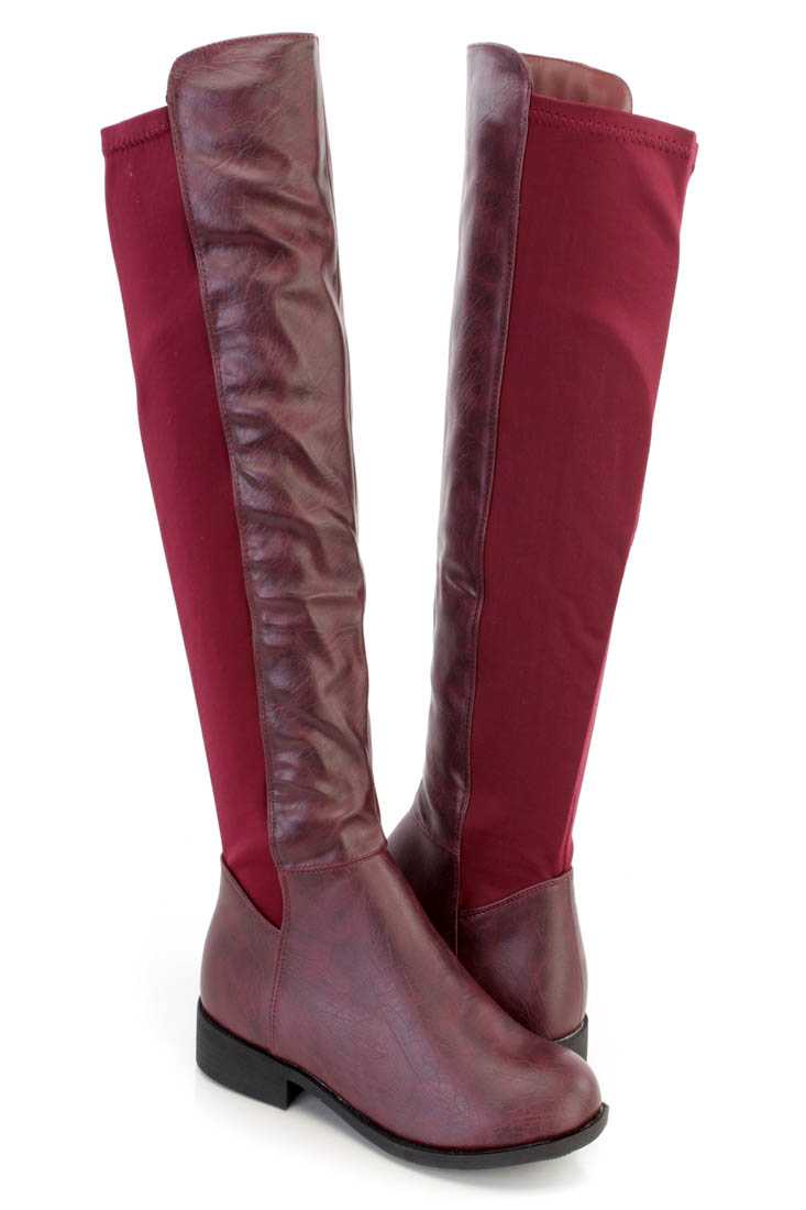 Wine Knee High Riding Boots Faux Leather Nylon