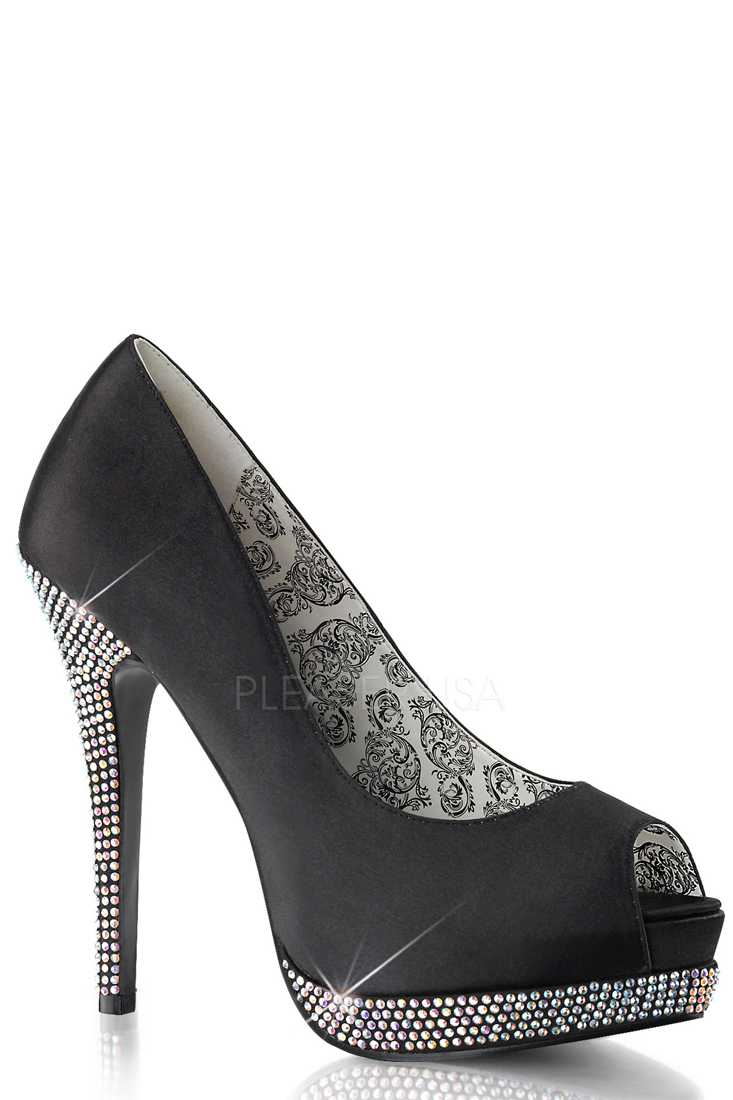 Black Peep Toe Rhinestone Platform Pump High Heels Satin