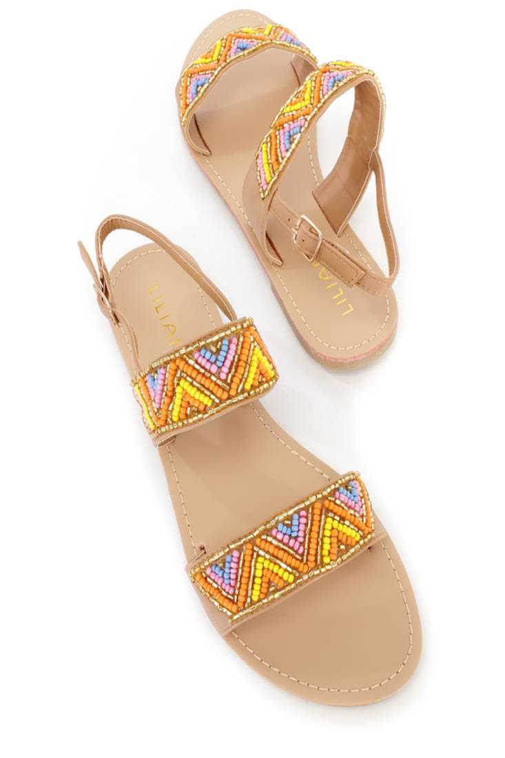 Light Tan Tribal Beaded Strappy Sandals Faux Leather
