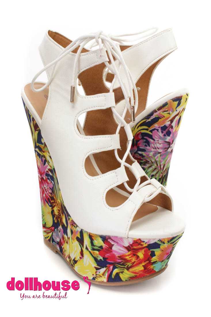 White Lace Up Peep Toe Platform Wedges Faux Leather