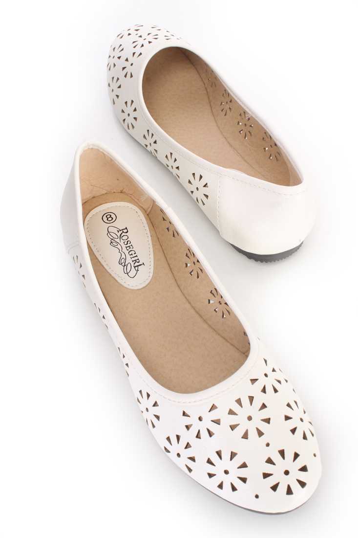 White Perforated Closed Toe Ballet Flats Faux Leather
