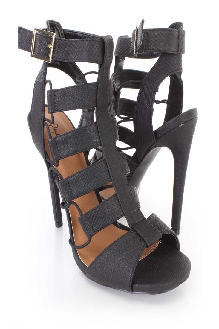 Black Snake Skin Textured Strappy Booties Faux Leather