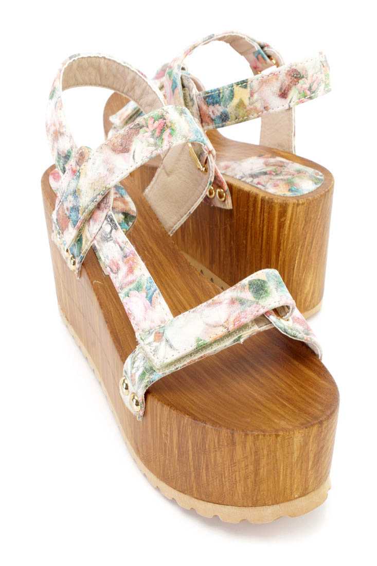 Floral Strappy Platform Sandal Wedges Faux Leather