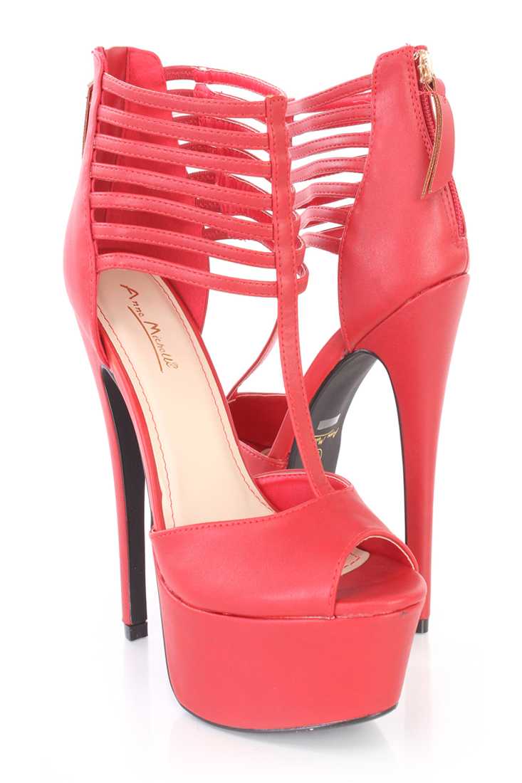 Red Peep Toe T Strap Platform High Heels Faux Leather