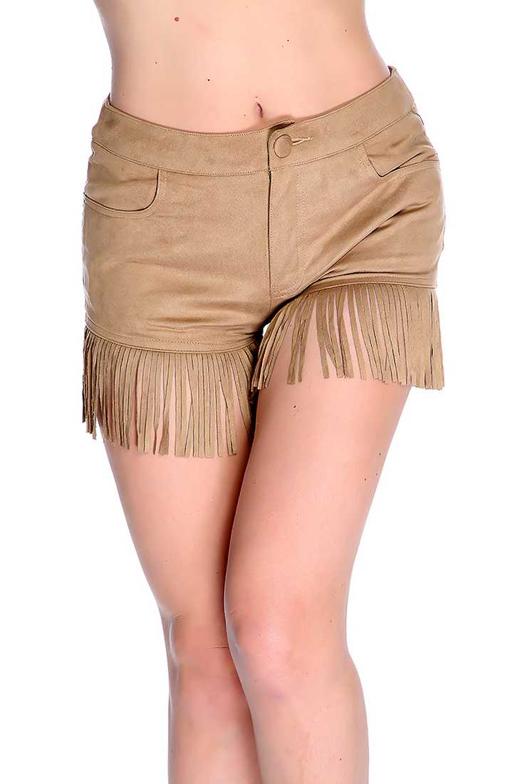 Camel Microfiber Suede Fringe Hem Shorts