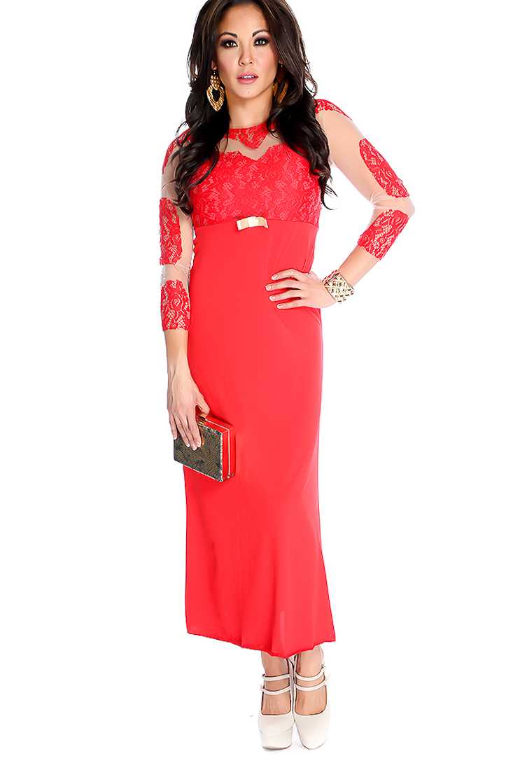 Sexy Red Floral Lace Mesh Quarter Sleeve Maxi Dress