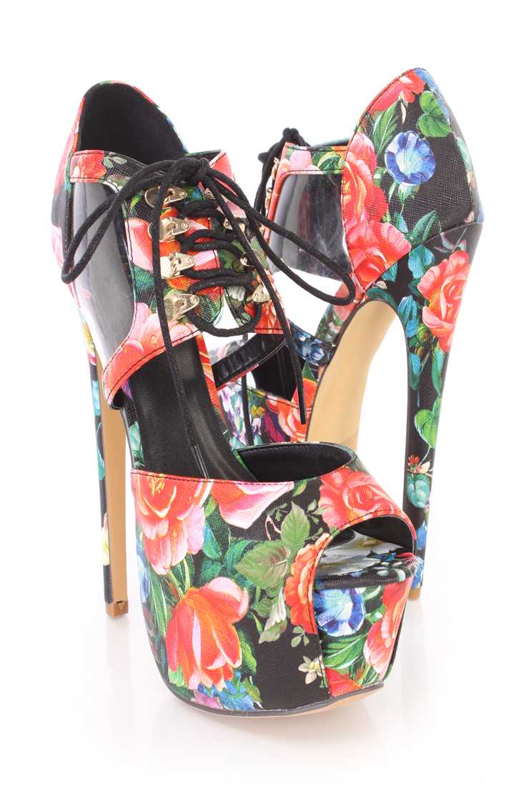 Black Red Lace Up Strap Platform High Heels Faux Leather
