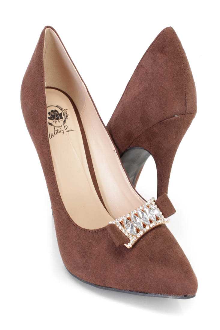 Brown Rhinestone Decor Single Sole Pump Heels Faux Suede