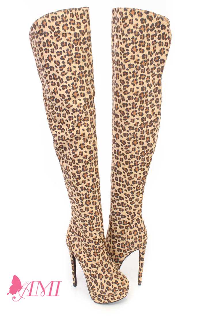 Leopard Thigh High Platform High Heel Boots Faux Suede
