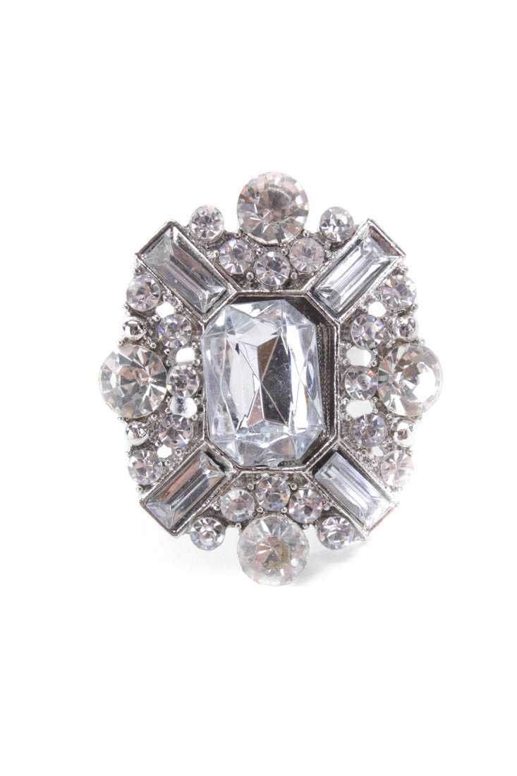 Silver Gemstone Rhinestone Detailing High Polish Ring